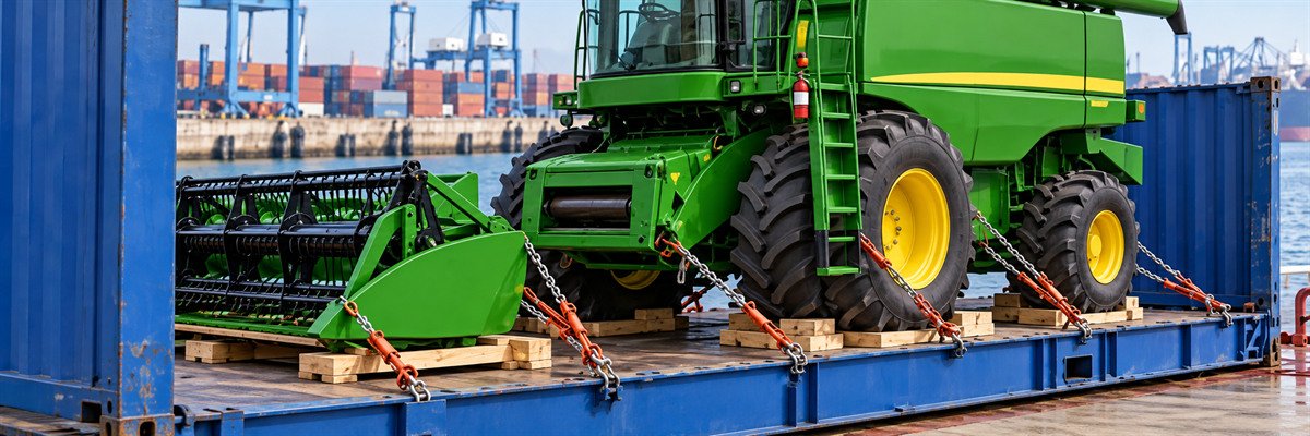 Agricultural machinery secured on a flat rack for ocean transport