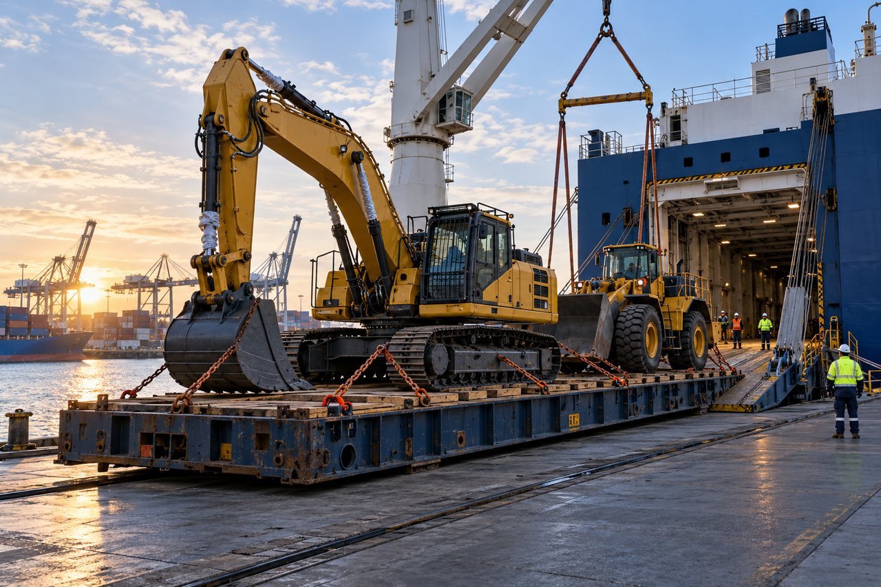 Heavy machinery being loaded for ocean transport