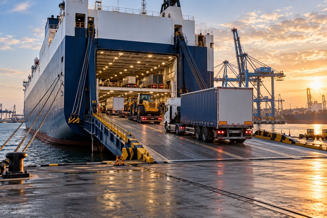 Trucks and machinery driving onto a RoRo vessel